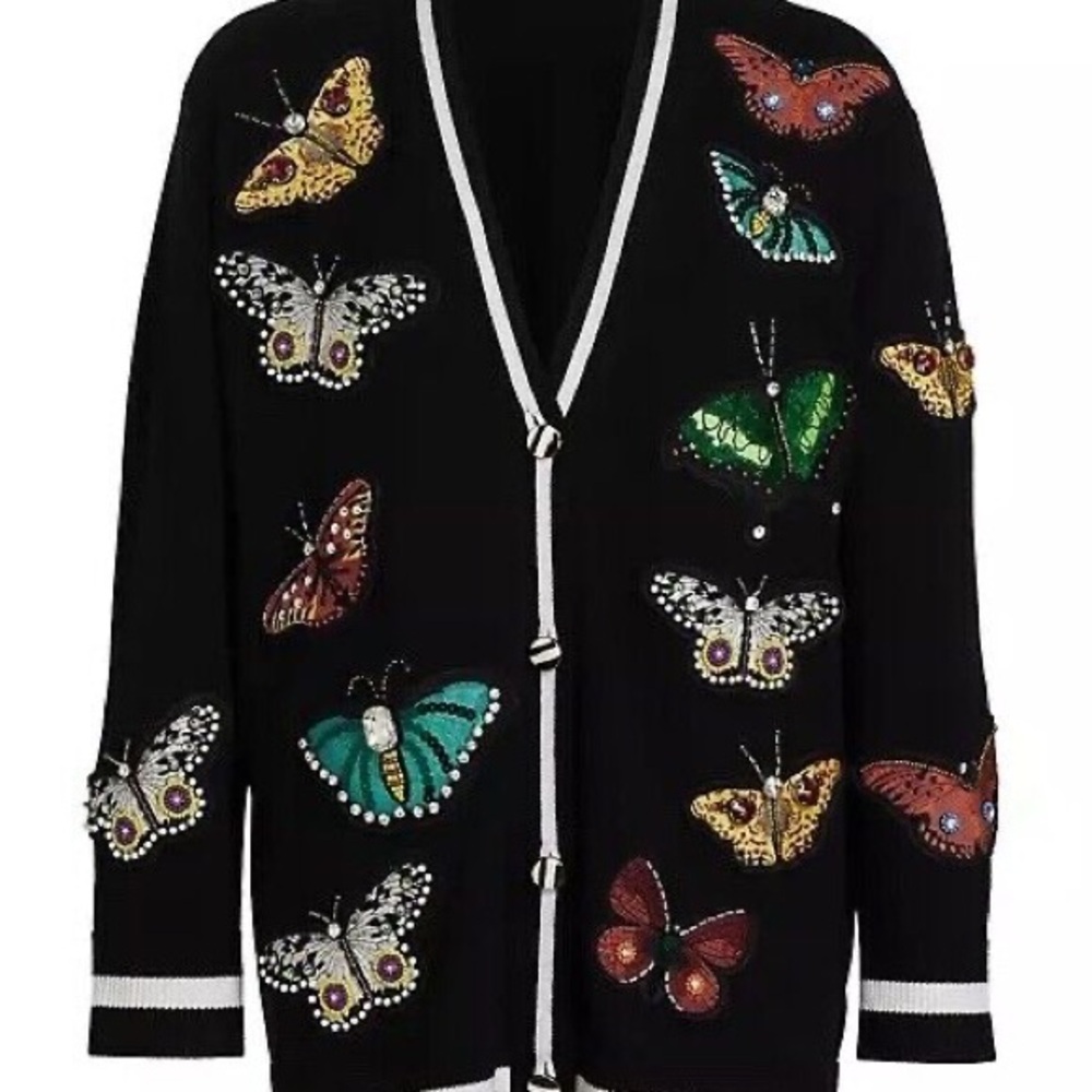 Alice + Olivia Black and Multicolor Butterfly Cardigan